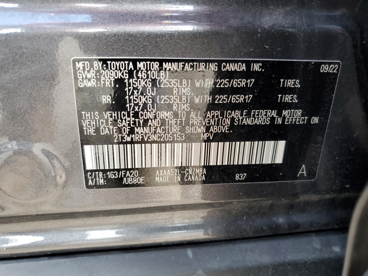 2T3W1RFV3NC205153 2022 Toyota Rav4 Xle