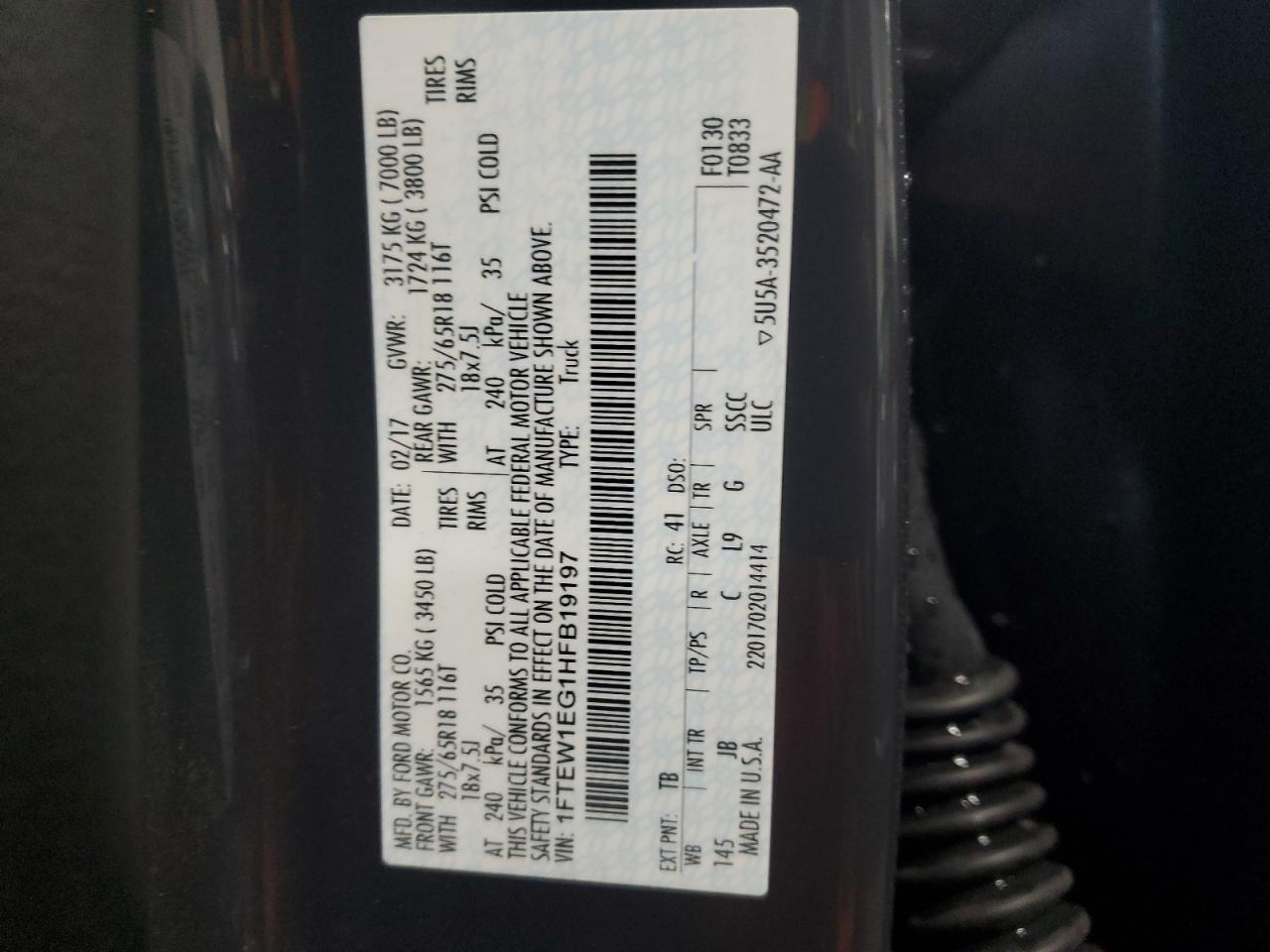 2017 Ford F150 Supercrew VIN: 1FTEW1EG1HFB19197 Lot: 67241624