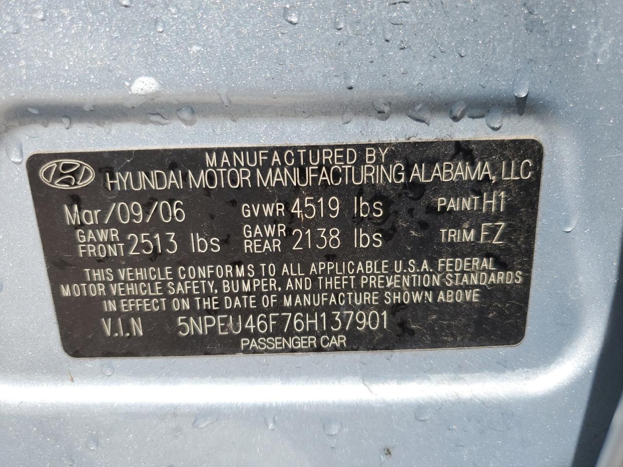 5NPEU46F76H137901 2006 Hyundai Sonata Gls