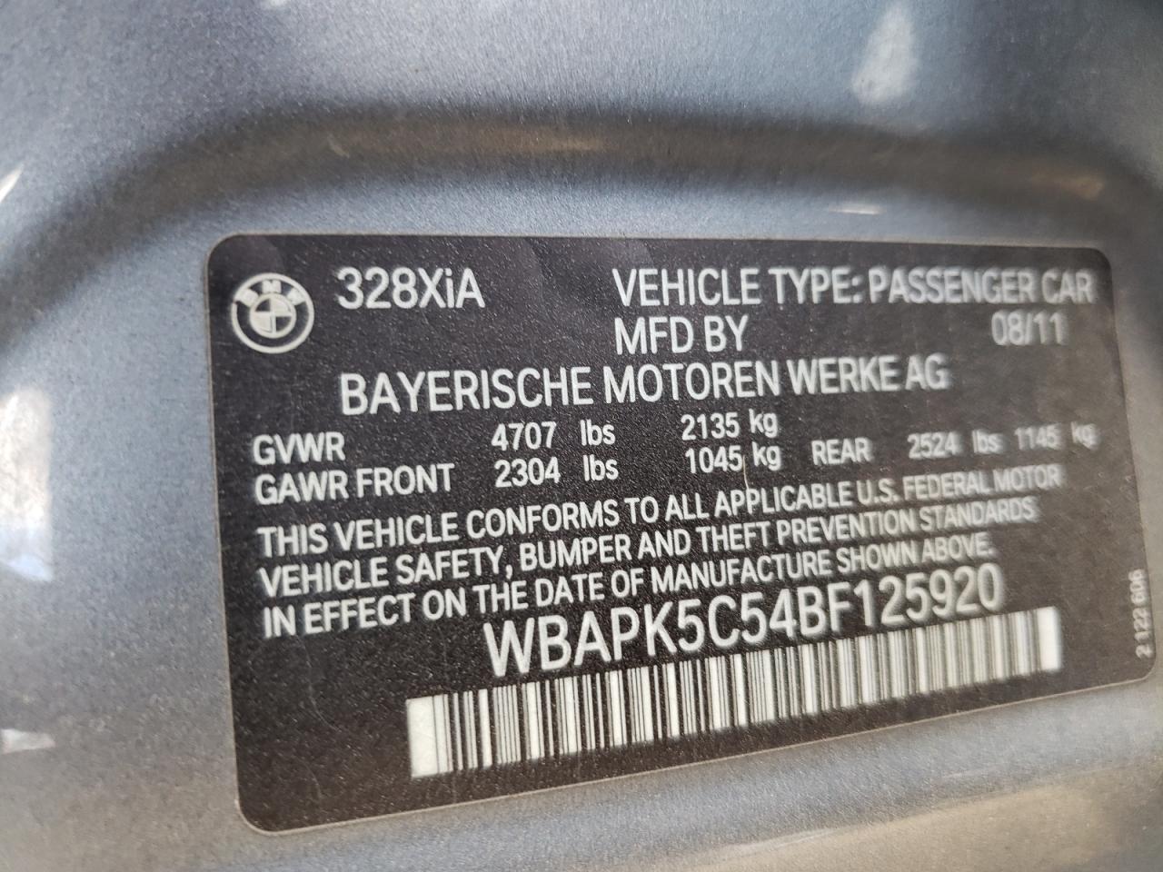 WBAPK5C54BF125920 2011 BMW 328 Xi Sulev