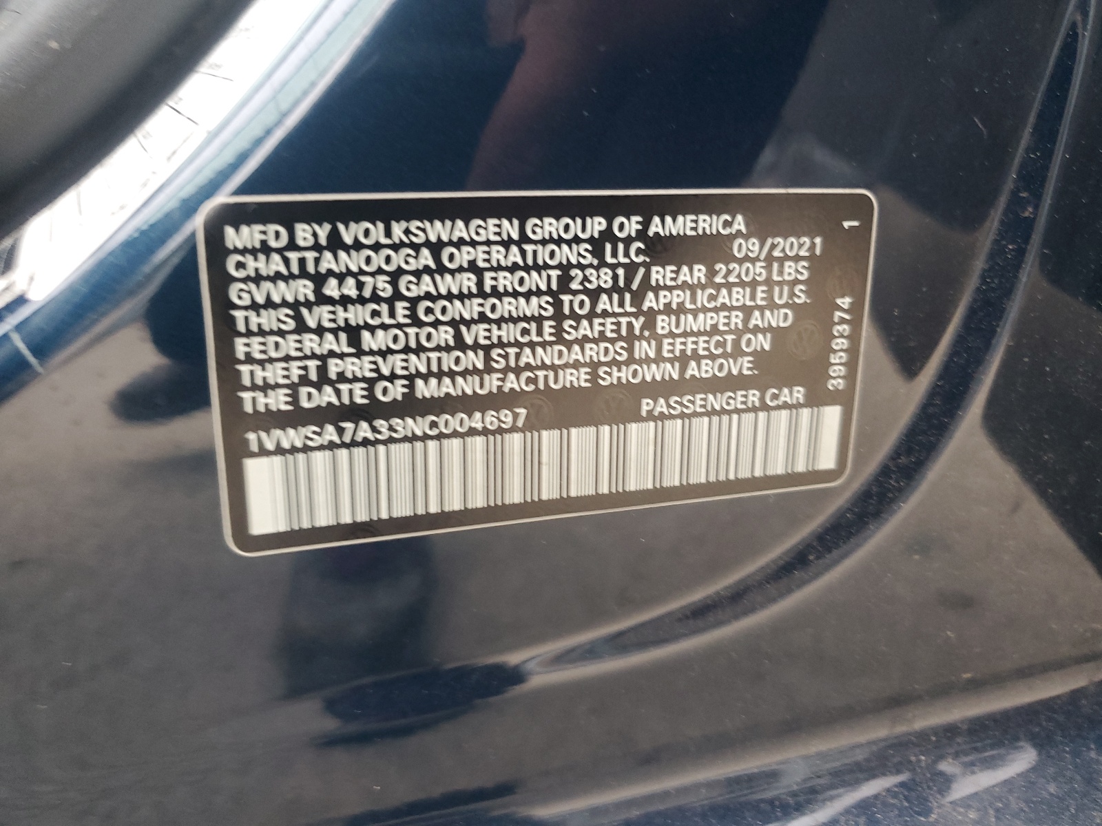 1VWSA7A33NC004697 2022 Volkswagen Passat Se