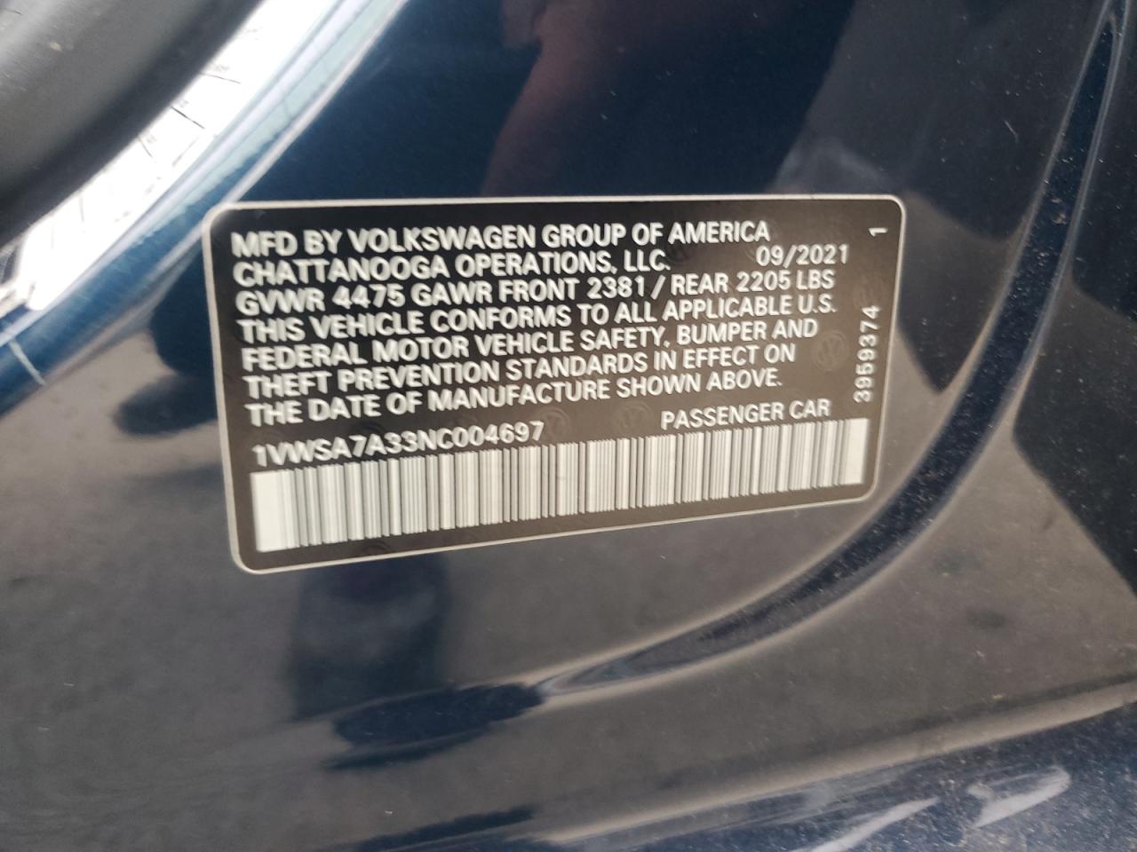 2022 Volkswagen Passat Se VIN: 1VWSA7A33NC004697 Lot: 66543674