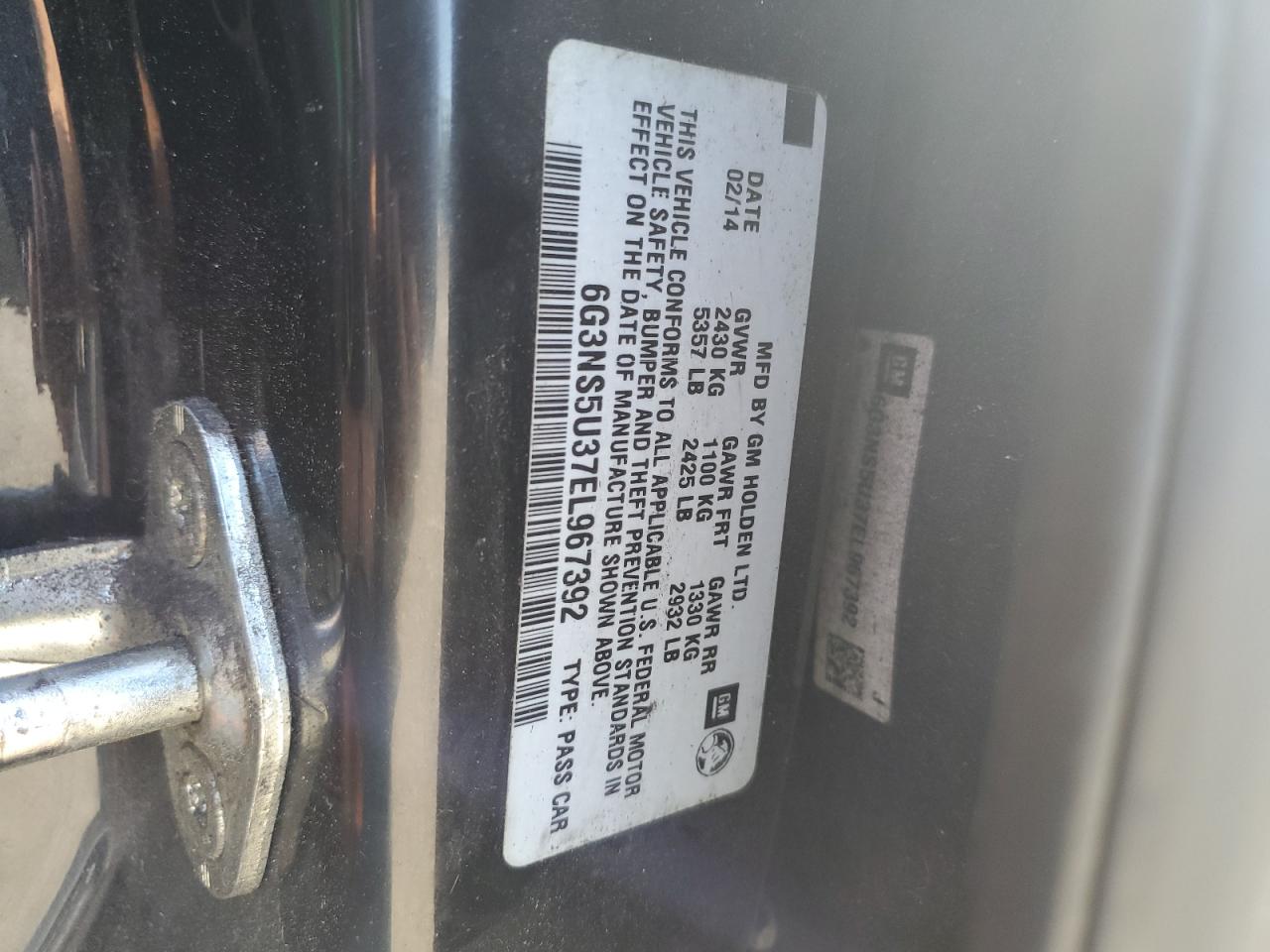 2014 Chevrolet Caprice Police VIN: 6G3NS5U37EL967392 Lot: 67407824