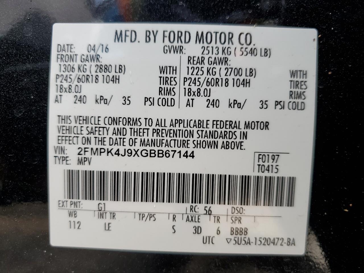 2FMPK4J9XGBB67144 2016 Ford Edge Sel