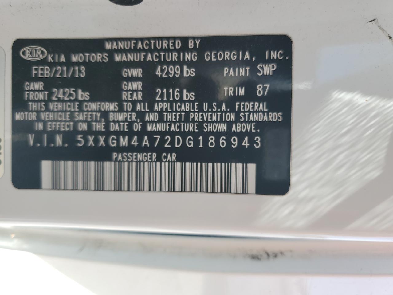 2013 Kia Optima Lx VIN: 5XXGM4A72DG186943 Lot: 68333844