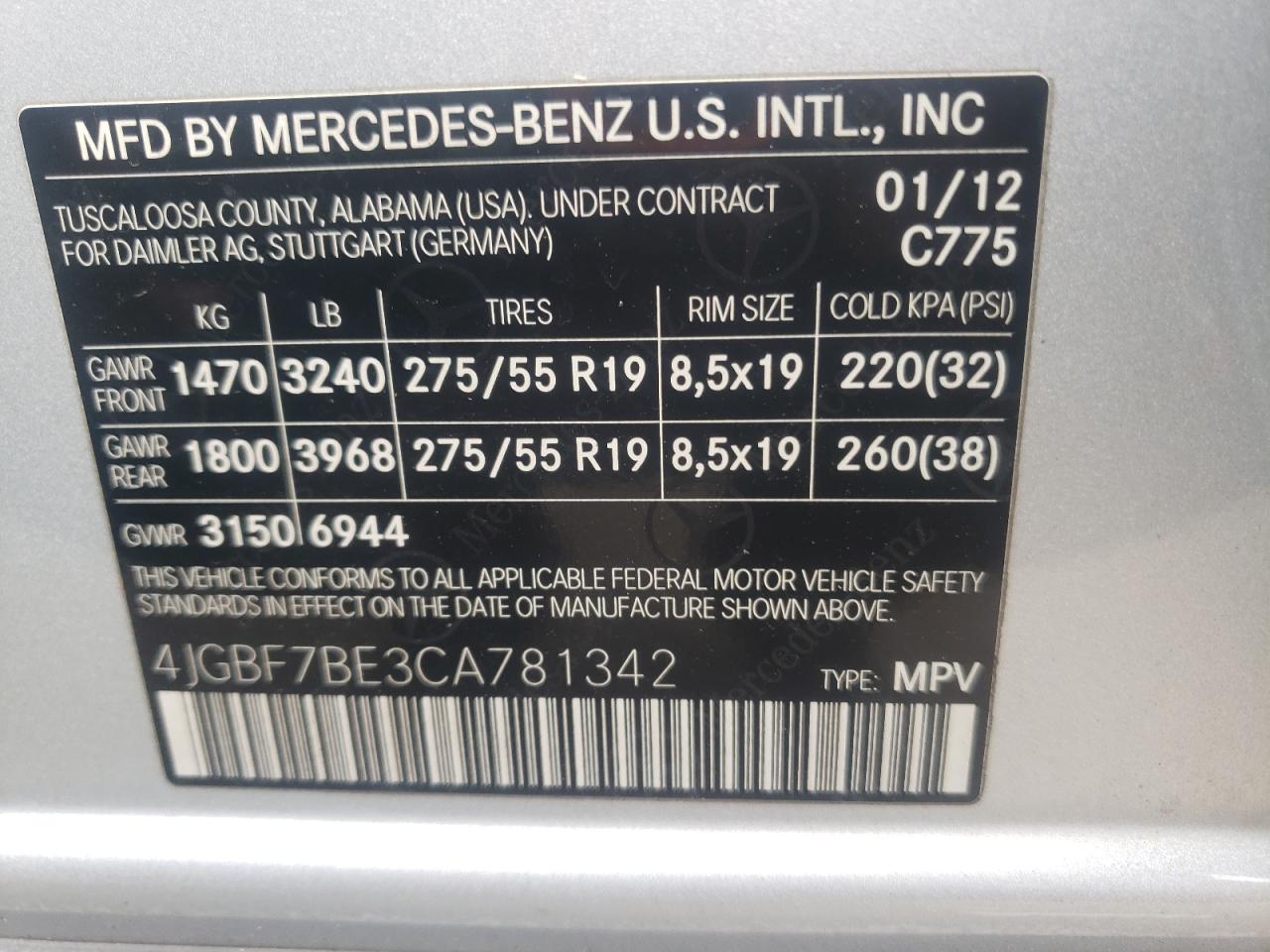 4JGBF7BE3CA781342 2012 Mercedes-Benz Gl 450 4Matic