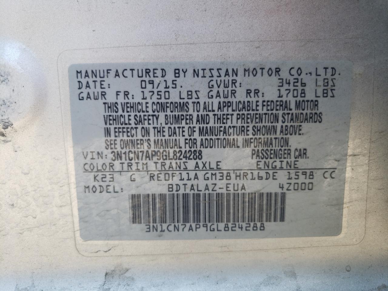 3N1CN7AP9GL824288 2016 Nissan Versa S