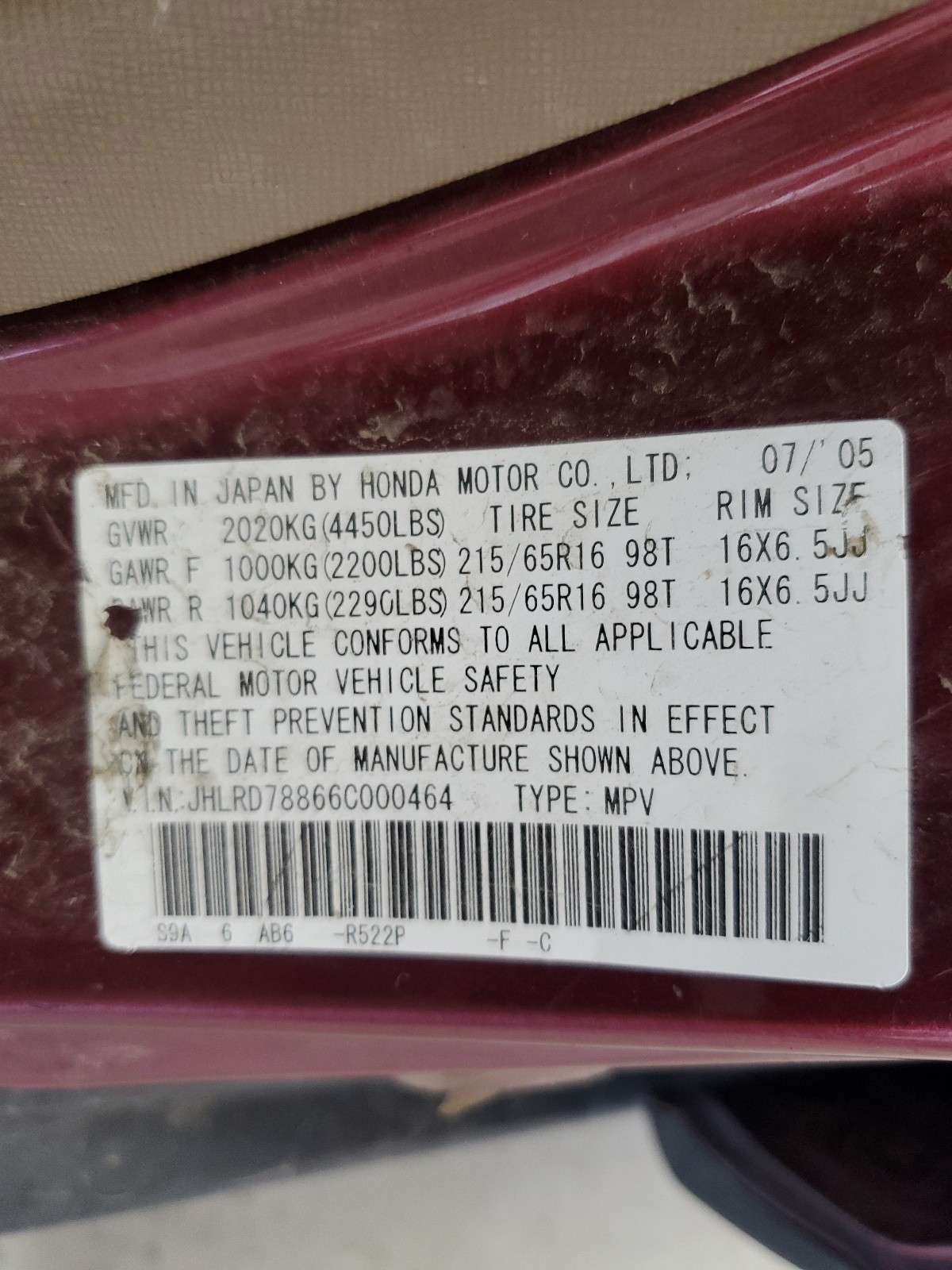 JHLRD78866C000464 2006 Honda Cr-V Ex