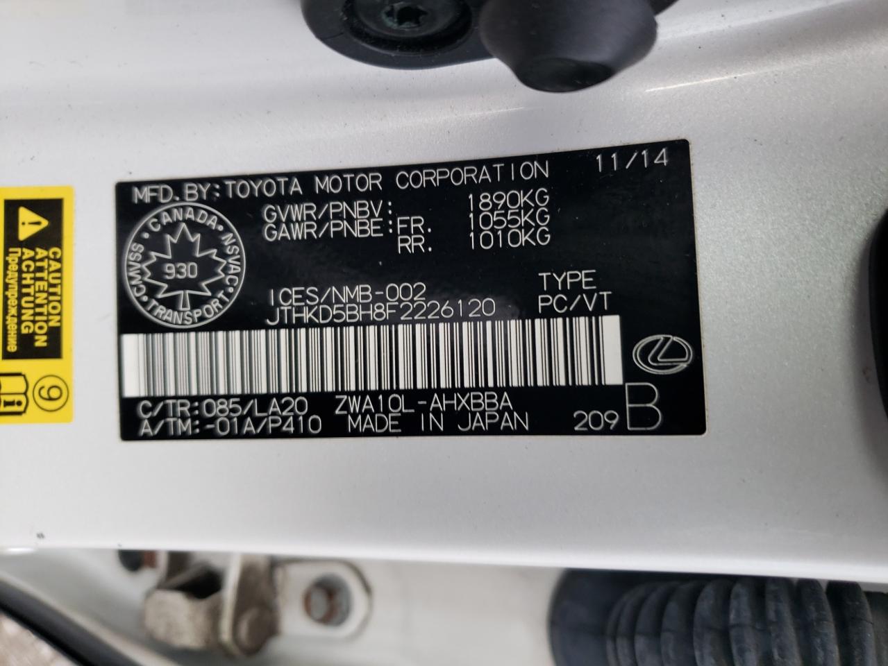 2015 Lexus Ct 200 VIN: JTHKD5BH8F2226120 Lot: 65482114