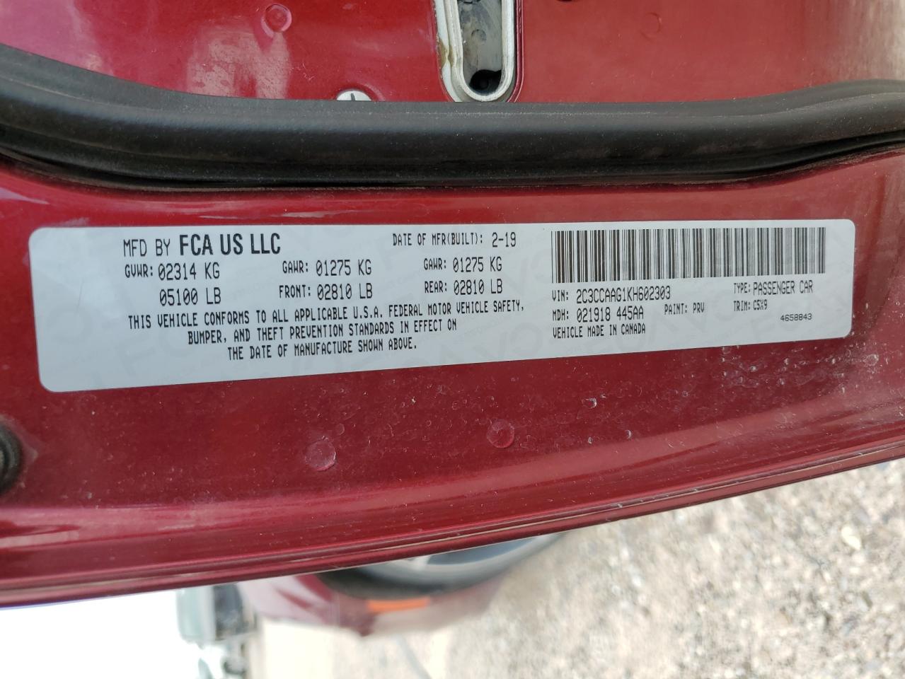 2019 Chrysler 300 Touring VIN: 2C3CCAAG1KH602303 Lot: 66186454