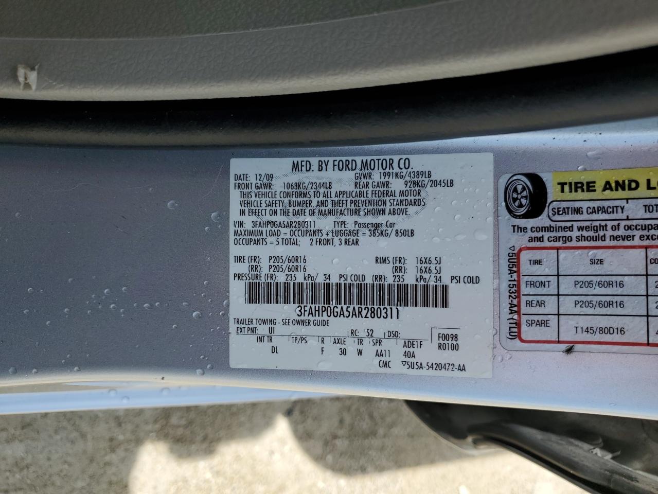 2010 Ford Fusion S VIN: 3FAHP0GA5AR280311 Lot: 66210704