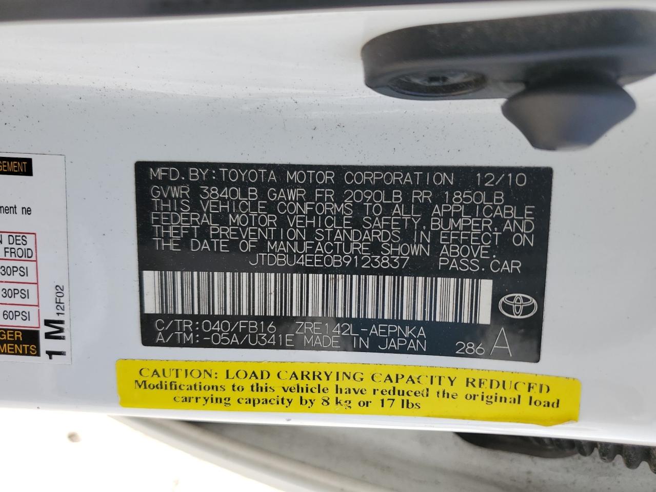 2011 Toyota Corolla Base VIN: JTDBU4EE0B9123837 Lot: 65822124