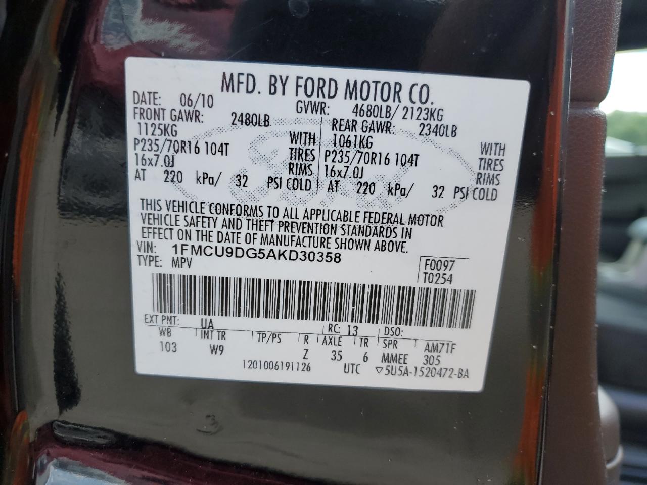 2010 Ford Escape Xlt VIN: 1FMCU9DG5AKD30358 Lot: 67197414