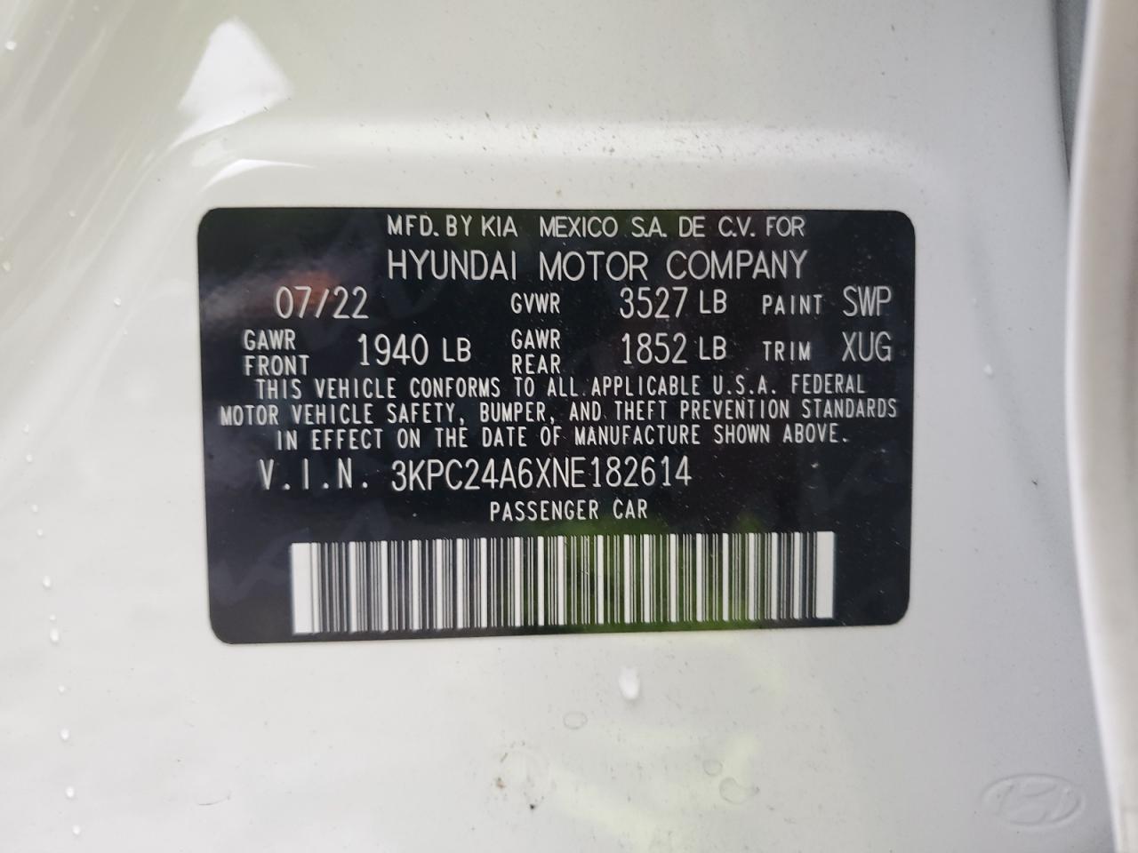 3KPC24A6XNE182614 2022 Hyundai Accent Se