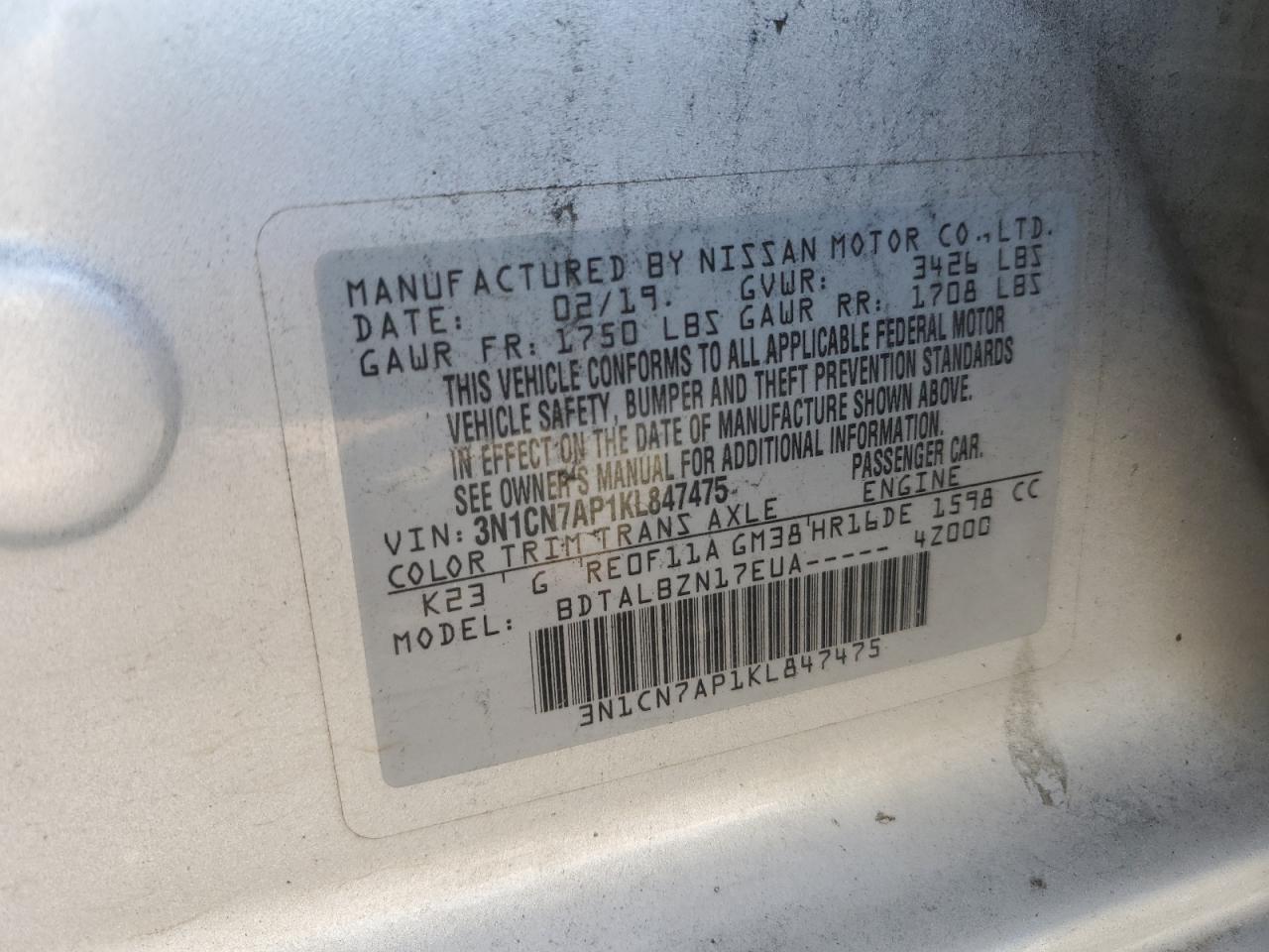 3N1CN7AP1KL847475 2019 Nissan Versa S