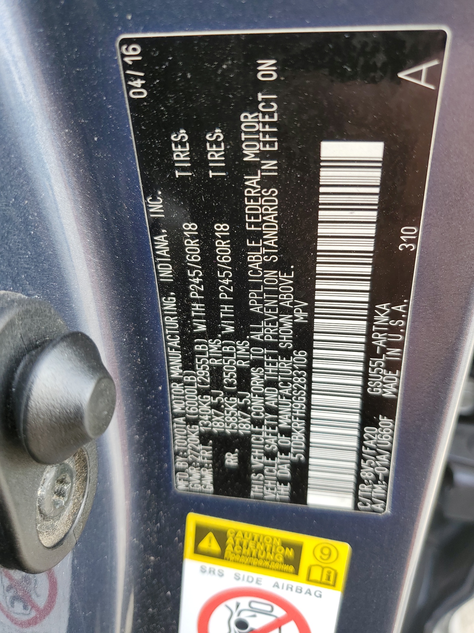 5TDBKRFH9GS283106 2016 Toyota Highlander Le