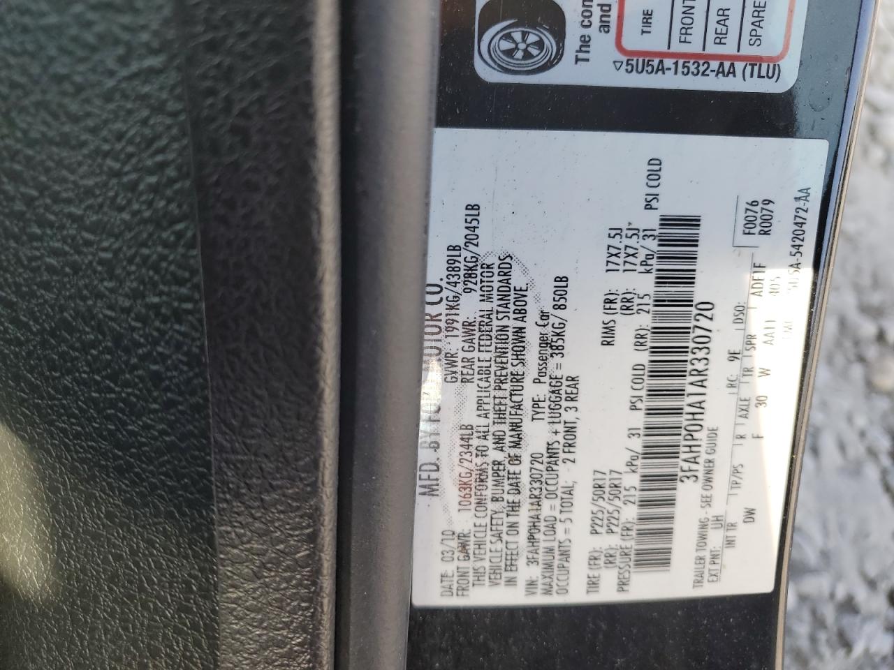 2010 Ford Fusion Se VIN: 3FAHP0HA1AR330720 Lot: 66622314