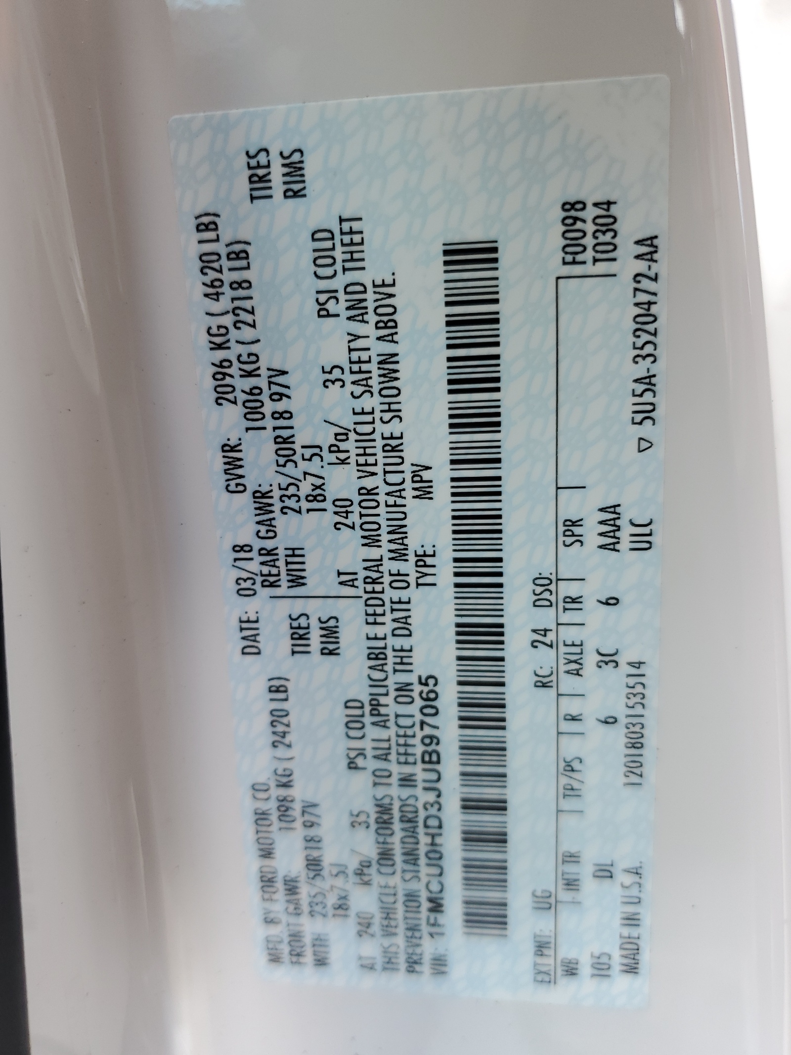 1FMCU0HD3JUB97065 2018 Ford Escape Sel