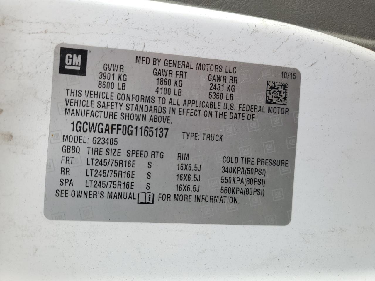 2016 Chevrolet Express G2500 VIN: 1GCWGAFF0G1165137 Lot: 66303984