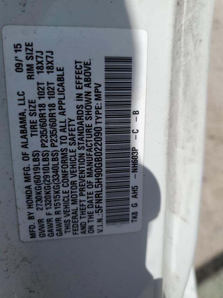 5FNRL5H90GB022090 2016 Honda Odyssey Touring