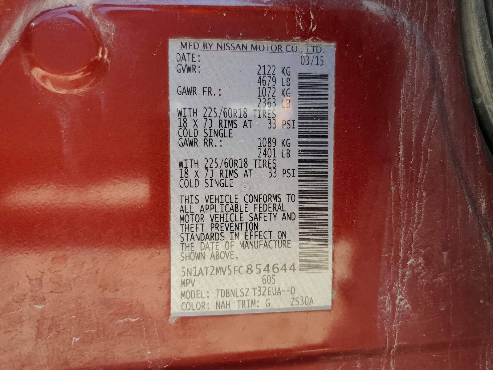 5N1AT2MV5FC854644 2015 Nissan Rogue S