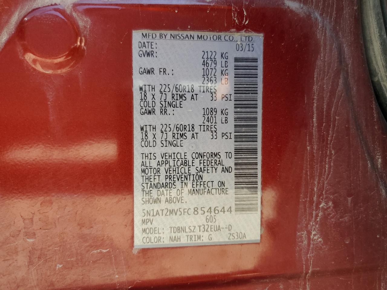 2015 Nissan Rogue S VIN: 5N1AT2MV5FC854644 Lot: 65389254