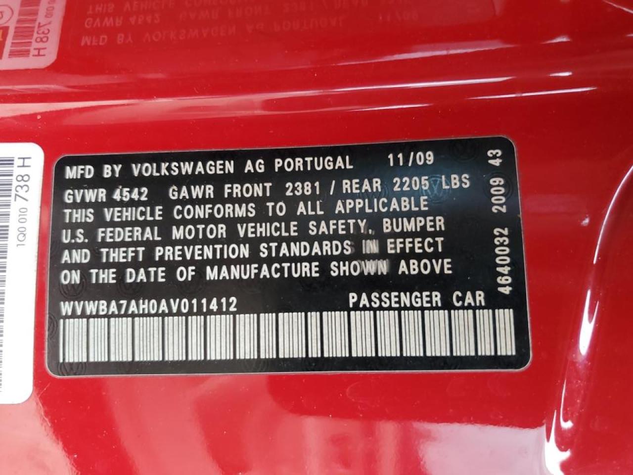 2010 Volkswagen Eos Turbo VIN: WVWBA7AH0AV011412 Lot: 66387804