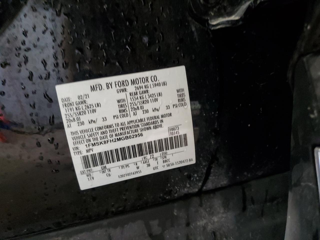 2021 Ford Explorer Limited VIN: 1FMSK8FH2MGB02956 Lot: 66542534