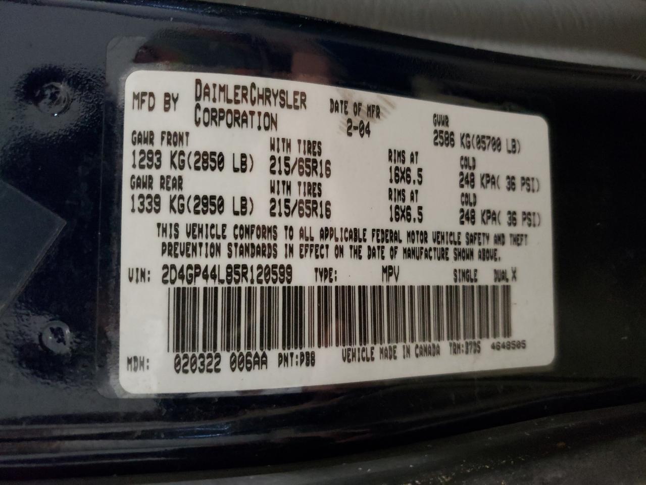 2005 Dodge Grand Caravan Sxt VIN: 2D4GP44L85R120599 Lot: 64265754