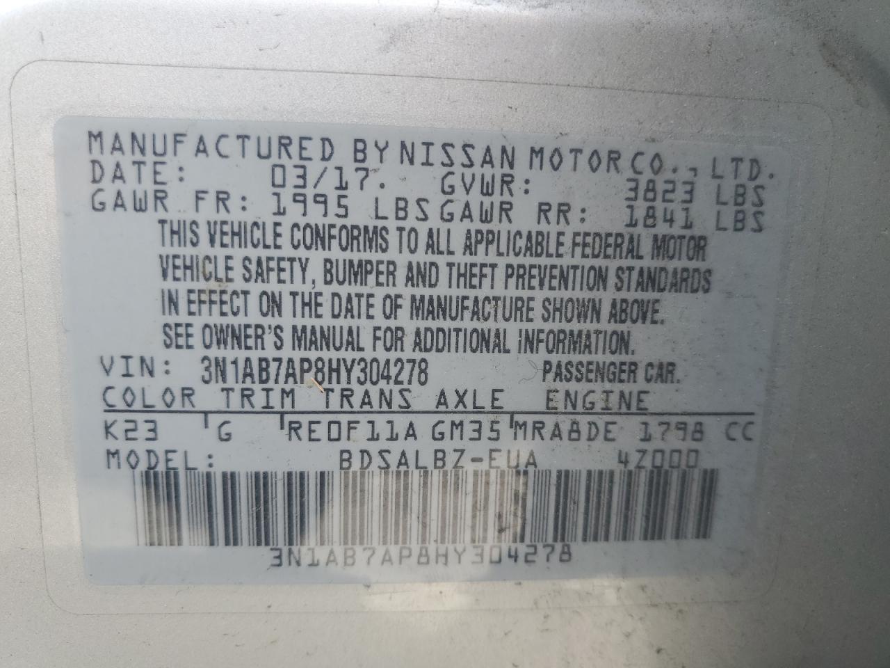 3N1AB7AP8HY304278 2017 Nissan Sentra S