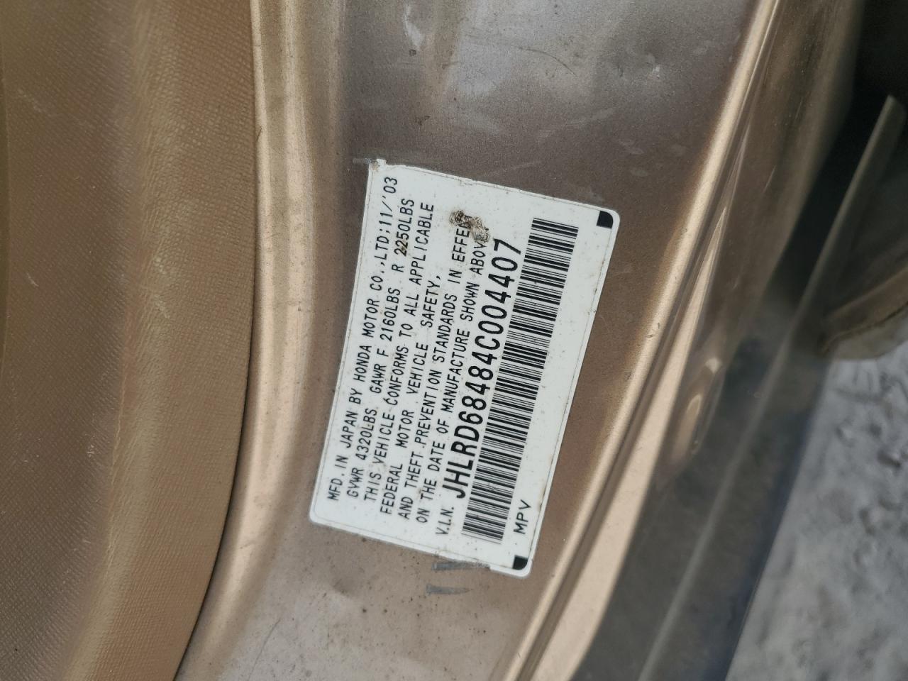 2004 Honda Cr-V Lx VIN: JHLRD68484C004407 Lot: 69209154