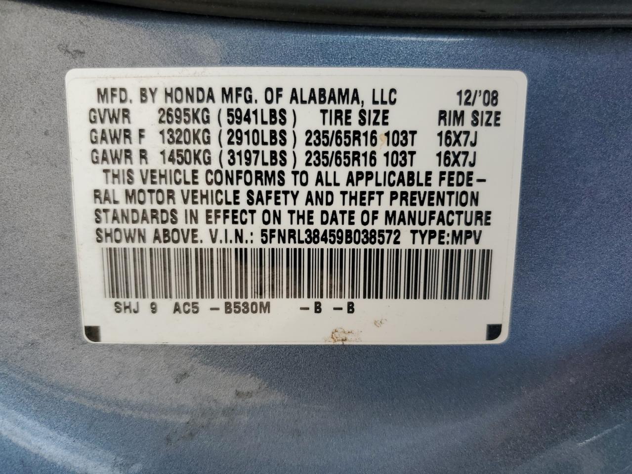 2009 Honda Odyssey Ex VIN: 5FNRL38459B038572 Lot: 65970964