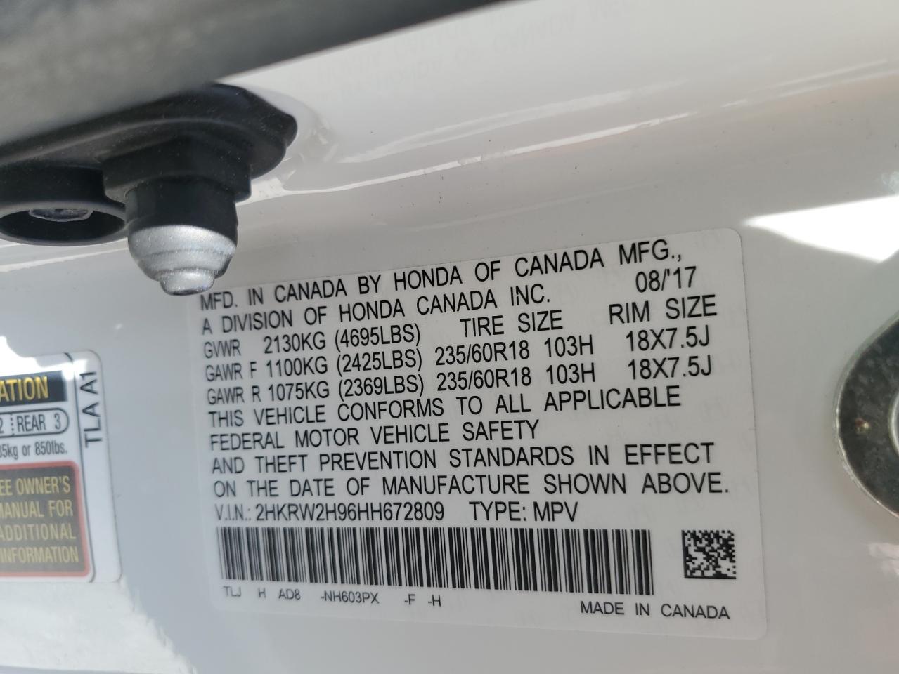 2017 Honda Cr-V Touring VIN: 2HKRW2H96HH672809 Lot: 66907454