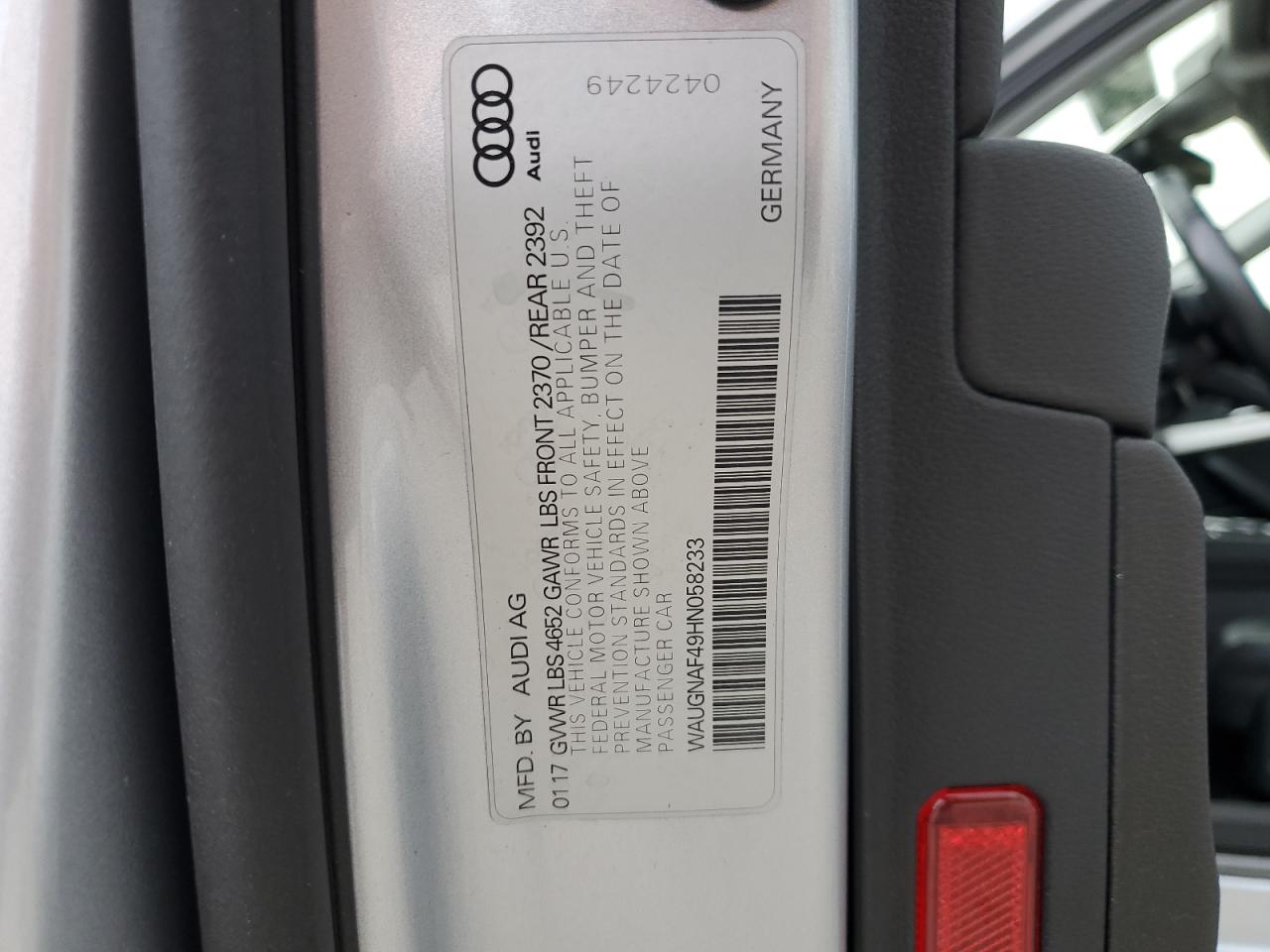 2017 Audi A4 Premium VIN: WAUGNAF49HN058233 Lot: 65800654