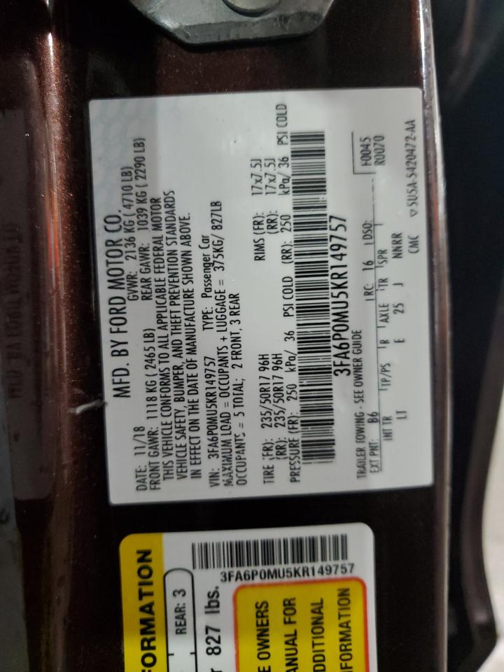 3FA6P0MU5KR149757 2019 Ford Fusion Sel