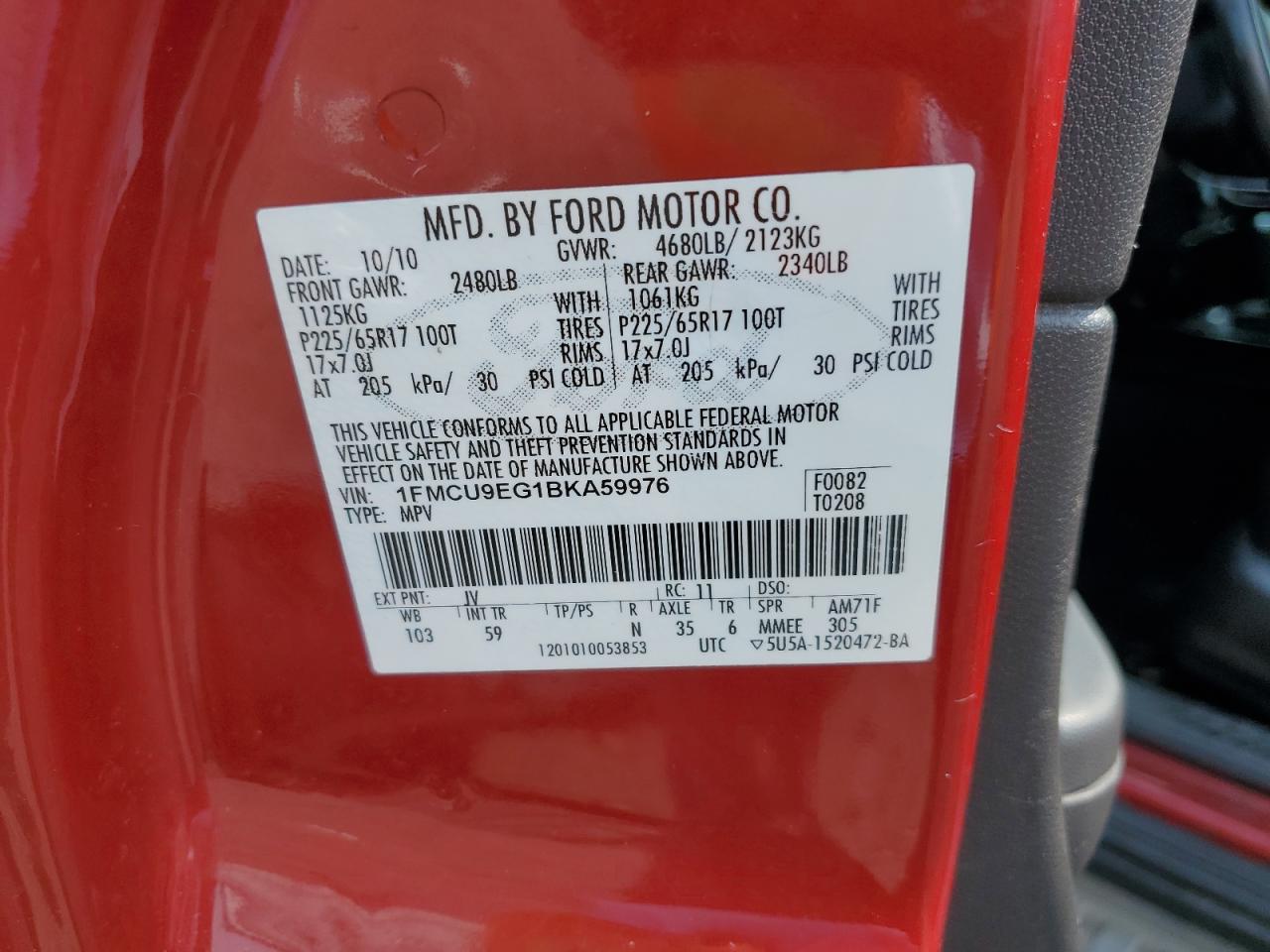 2011 Ford Escape Limited VIN: 1FMCU9EG1BKA59976 Lot: 65229814