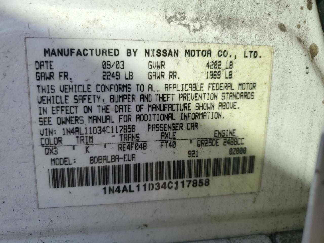2004 Nissan Altima Base VIN: 1N4AL11D34C117858 Lot: 66680554