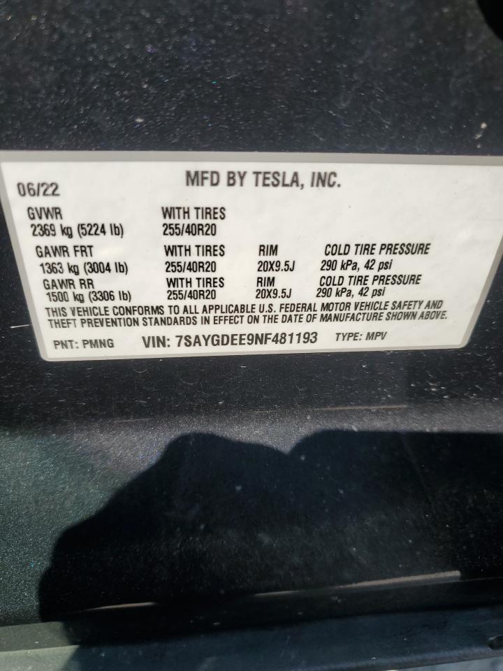 2022 Tesla Model Y VIN: 7SAYGDEE9NF481193 Lot: 66483584