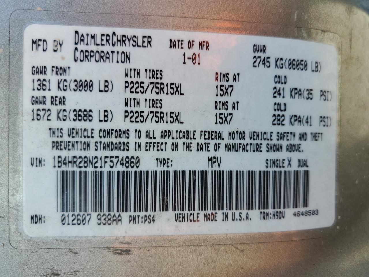 2001 Dodge Durango VIN: 1B4HR28N21F574860 Lot: 66414734