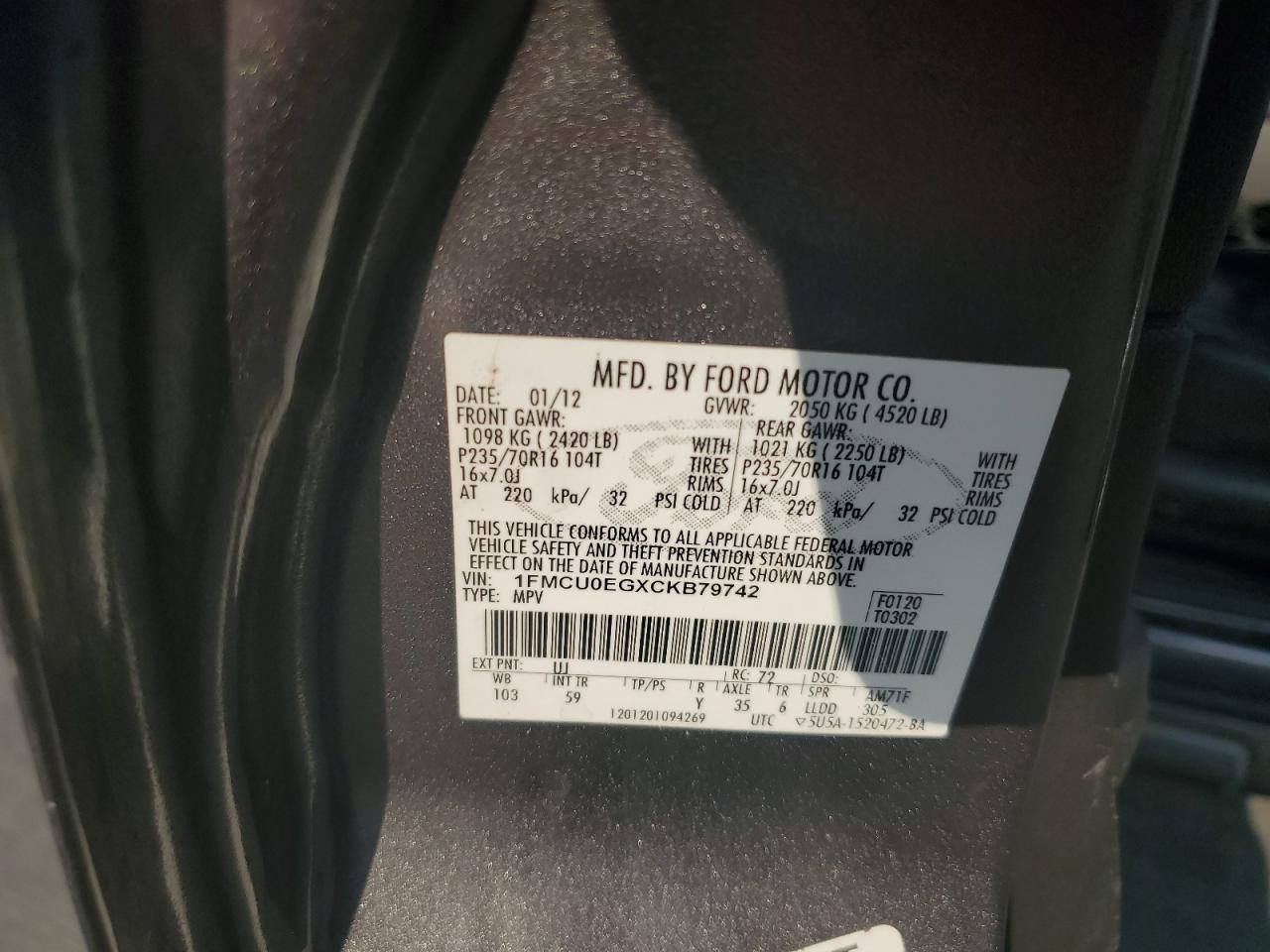 2012 Ford Escape Limited VIN: 1FMCU0EGXCKB79742 Lot: 68743424