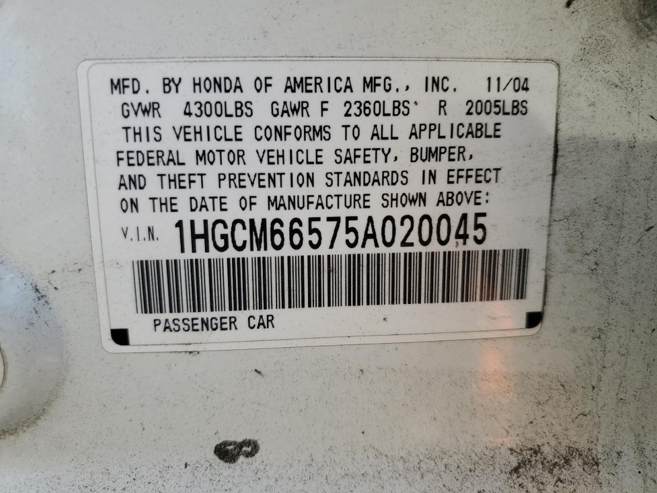 2005 Honda Accord Ex VIN: 1HGCM66575A020045 Lot: 65779964