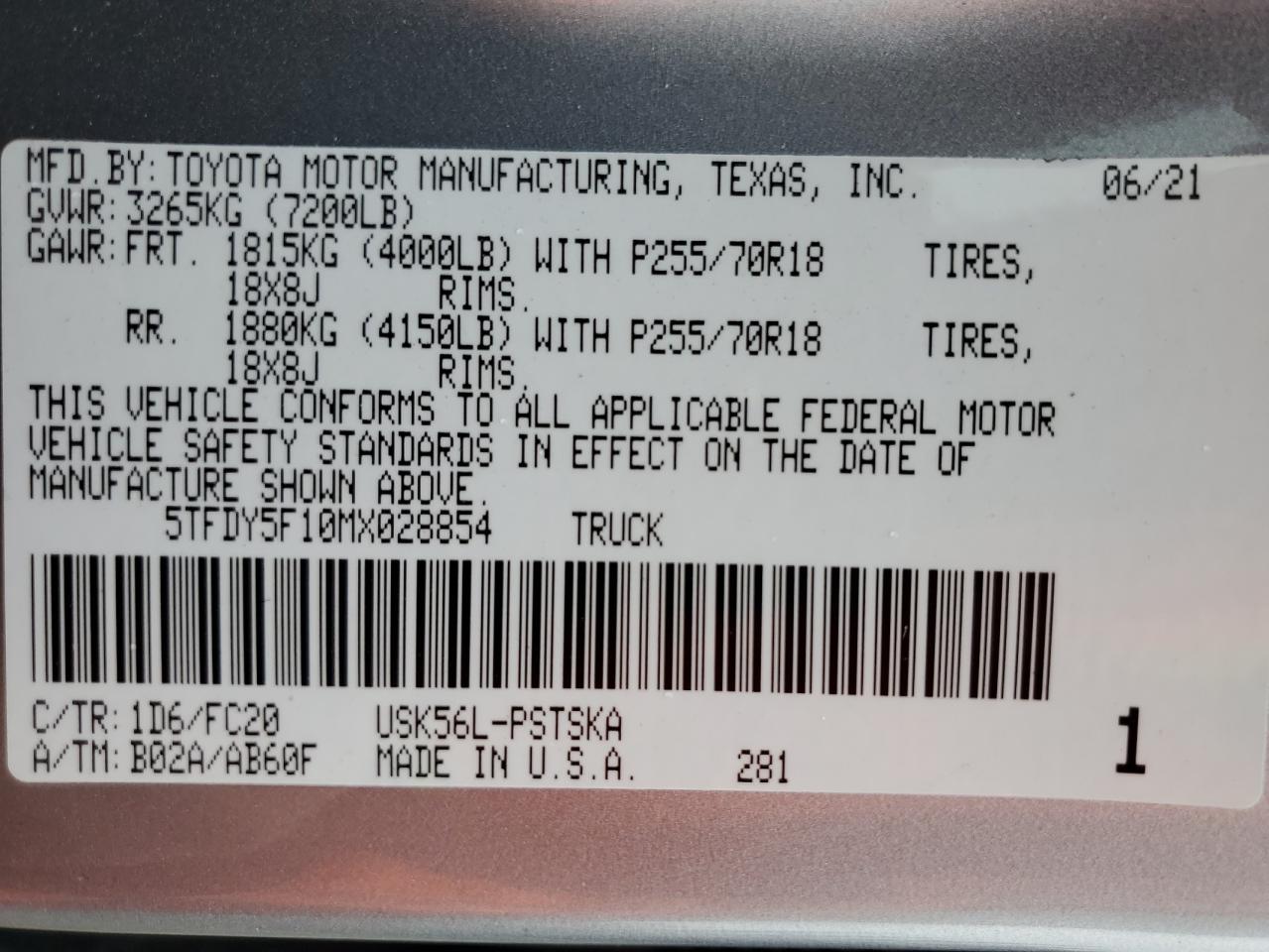 2021 Toyota Tundra Crewmax Sr5 VIN: 5TFDY5F10MX028854 Lot: 68459904