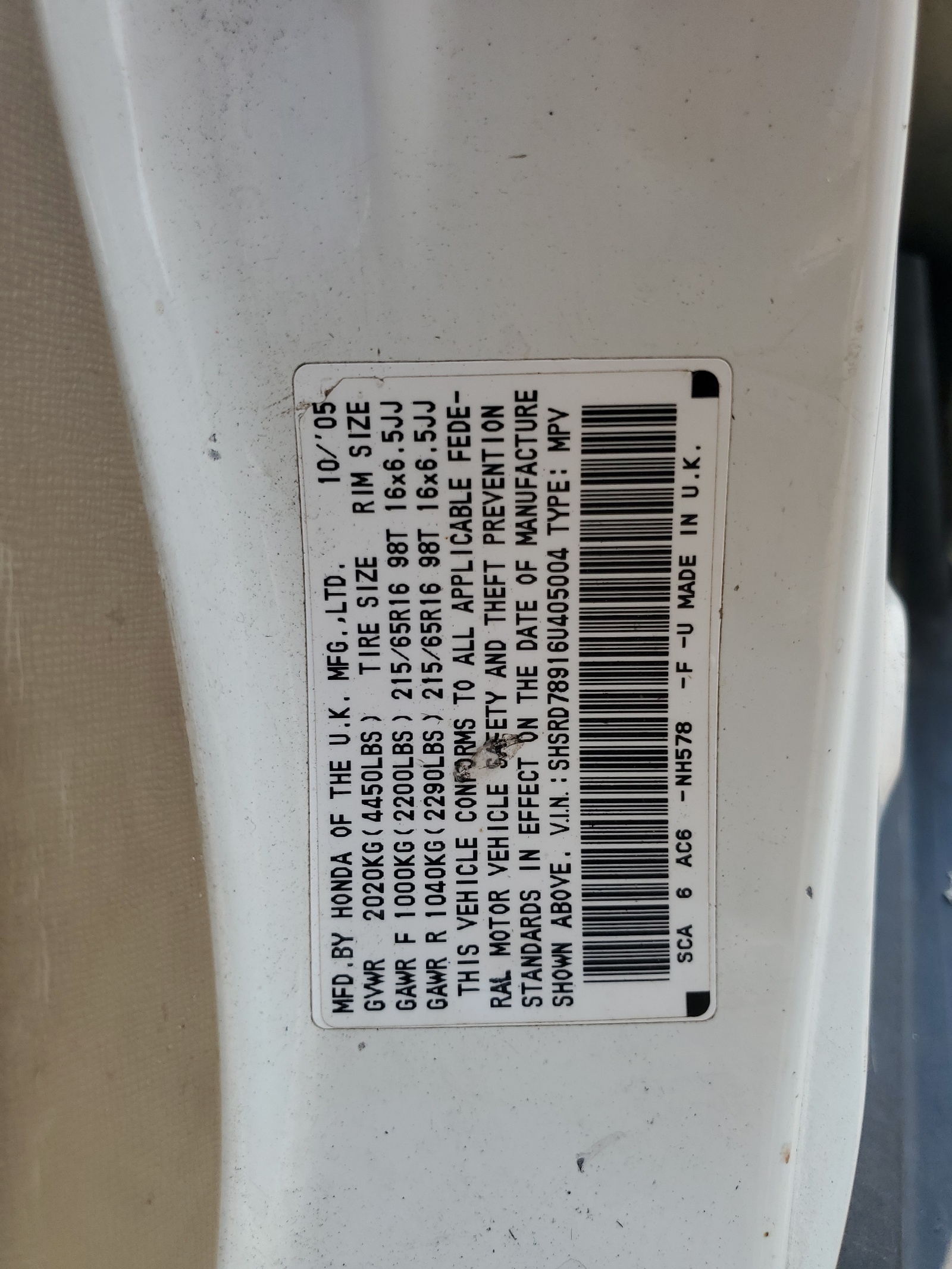 SHSRD78916U405004 2006 Honda Cr-V Se