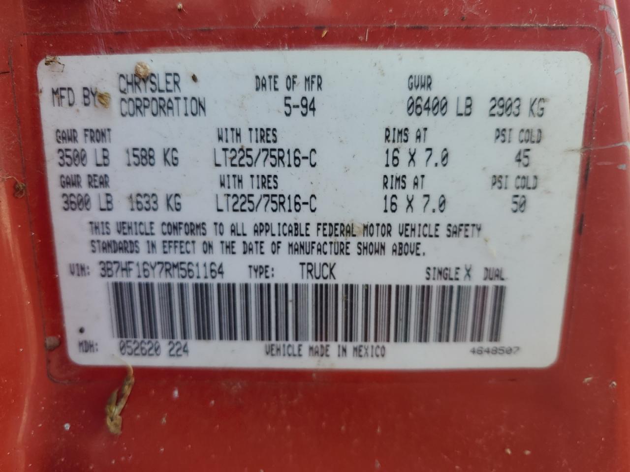 1994 Dodge Ram 1500 VIN: 3B7HF16Y7RM561164 Lot: 65413804