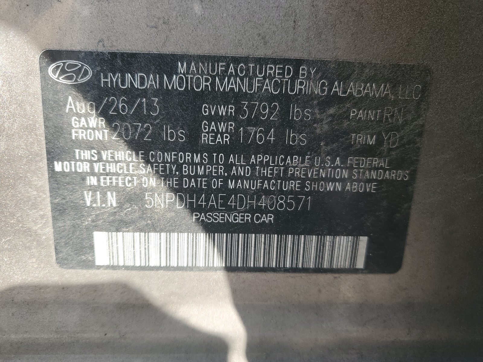 5NPDH4AE4DH408571 2013 Hyundai Elantra Gls