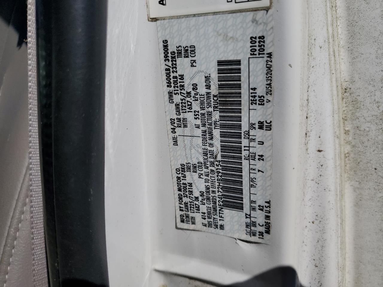 2002 Ford Econoline E250 Van VIN: 1FTNE24L72HB29154 Lot: 65344464