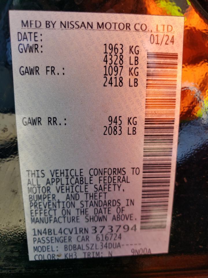 2024 Nissan Altima Sr VIN: 1N4BL4CV1RN373794 Lot: 68385584