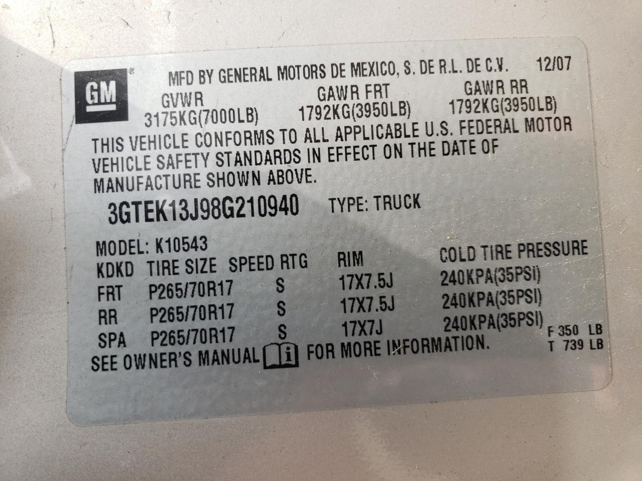 3GTEK13J98G210940 2008 GMC Sierra K1500