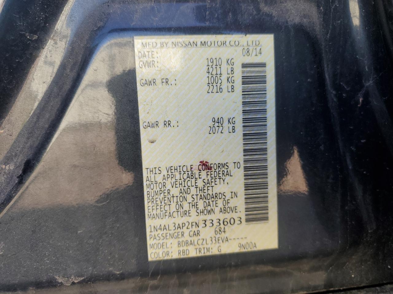 2015 Nissan Altima 2.5 VIN: 1N4AL3AP2FN333603 Lot: 65518664