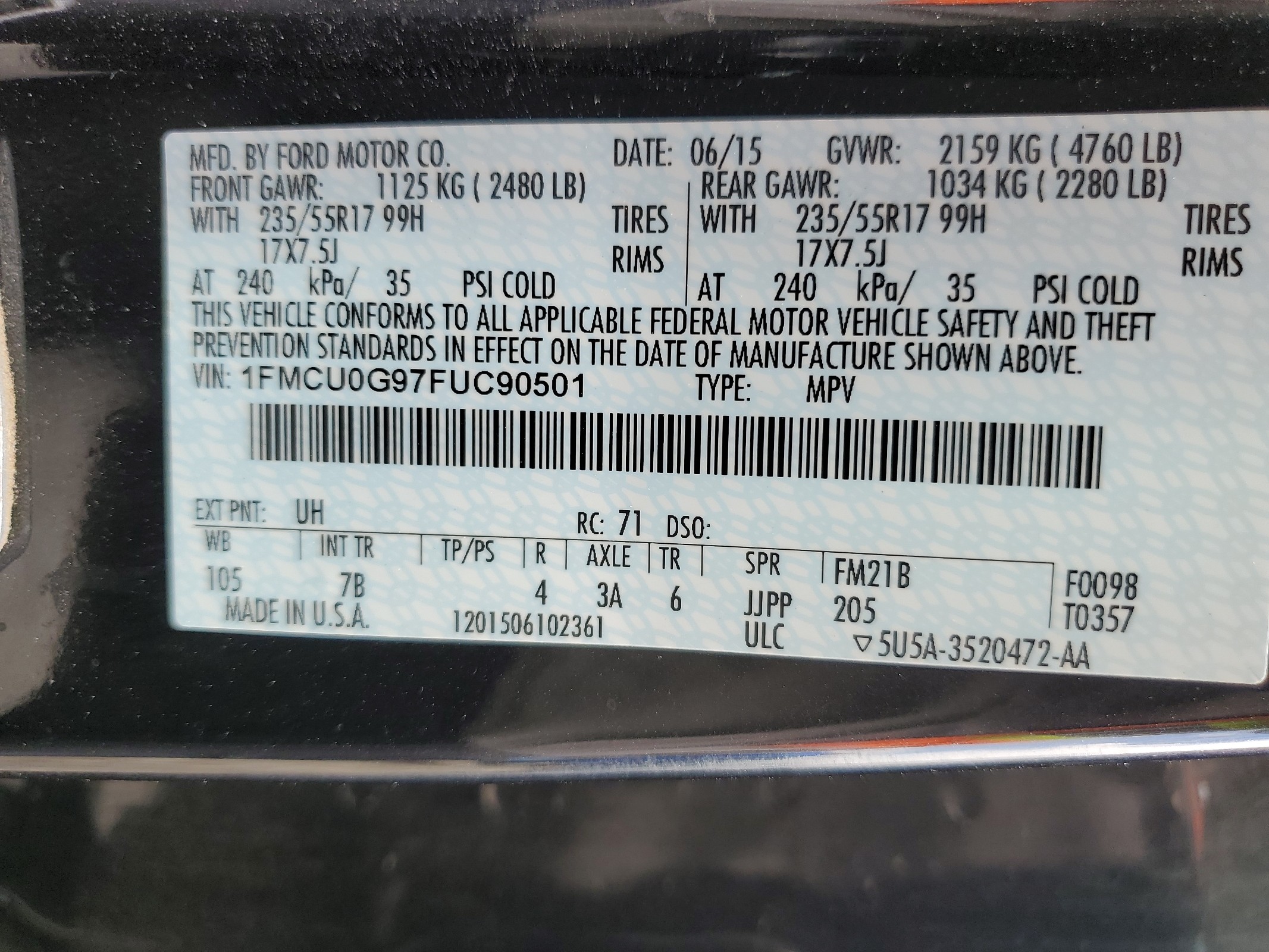 1FMCU0G97FUC90501 2015 Ford Escape Se